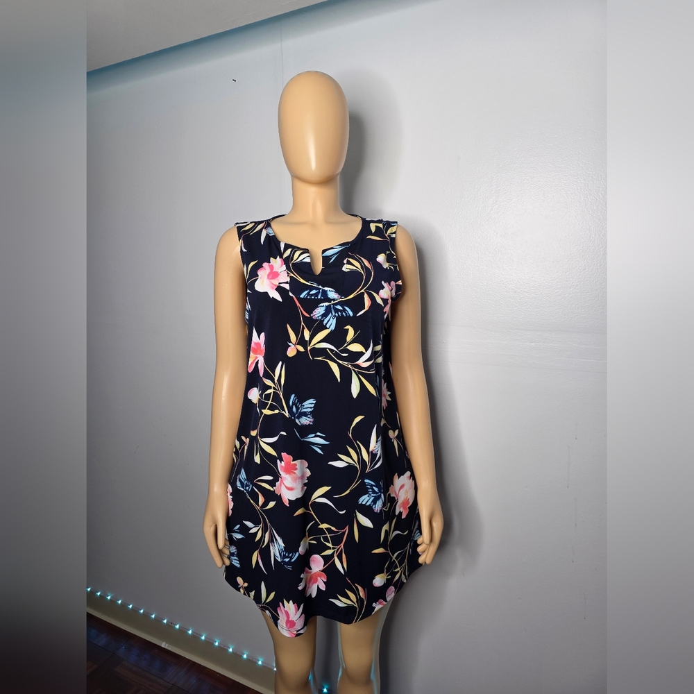 Woman Within Navy Floral Sleeveless Notch-Neck Mini Dress Size 14/16